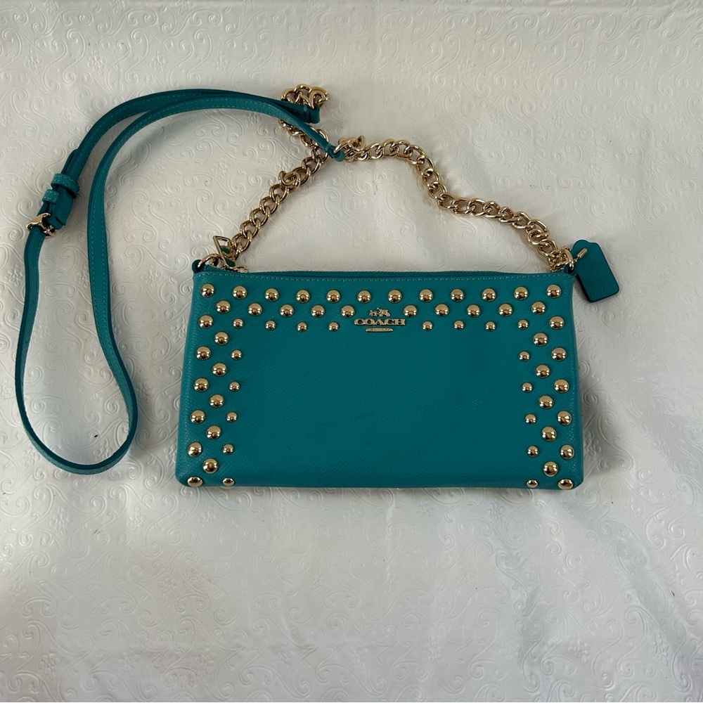 Genuine COACH Quinn Crossbody Bag Purse Gold Studded Leather Turquoise
